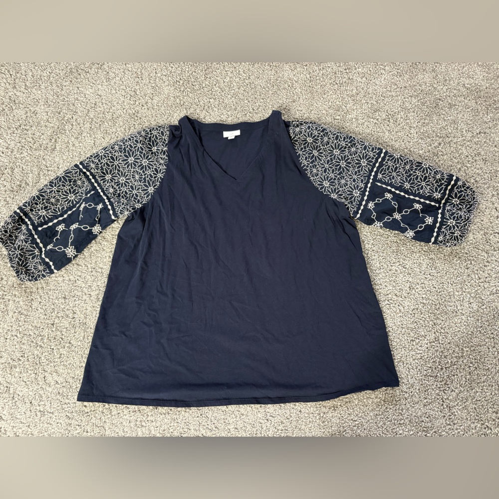 J. Jill Navy embroidered half sleeve blouse sz XL tall cotton classic